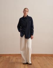 yırtmaç detaylı denim gömlek mavi