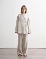 %100 keten çizgili kimono natürel