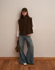 yün karışımlı fermuarlı yelek koyu yağ yeşili