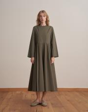 %100 koton kesik detaylı elbise açık haki