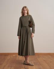 %100 koton kesik detaylı elbise açık haki 2