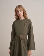 %100 koton kesik detaylı elbise açık haki 4