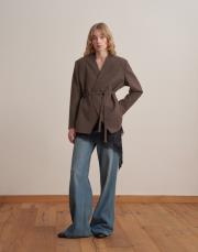 kemerli yün kruvaze blazer sütlü kahve 5