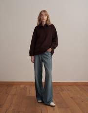 nakış detaylı polo yaka sweatshirt kahverengi