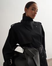 %100 koton maxi trençkot siyah 4