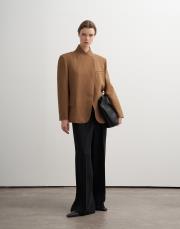 yüksek yaka asimetrik kesim blazer koyu hardal