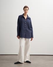 %100 keten çizgili gömlek lacivert