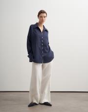 %100 keten çizgili gömlek lacivert 2