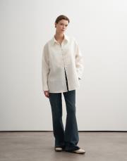 %100 keten çizgili gömlek ekru