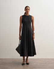 %100 keten kolsuz volanlı elbise siyah