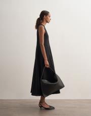 %100 keten kolsuz volanlı elbise siyah 2