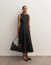 %100 keten kolsuz volanlı elbise siyah 4