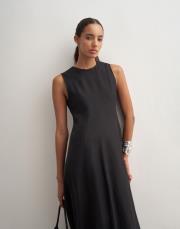 %100 keten kolsuz volanlı elbise siyah 5