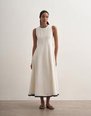 %100 keten kontrast şeritli volanlı elbise ekru