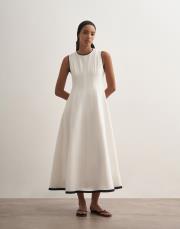 %100 keten kontrast şeritli volanlı elbise ekru 2