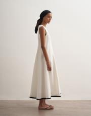 %100 keten kontrast şeritli volanlı elbise ekru 3