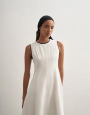 %100 keten kontrast şeritli volanlı elbise ekru 5