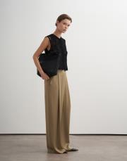 asimetrik kesim dökümlü pantolon koyu bej 2