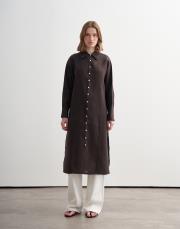 %100 keten biritli gömlek elbise kahverengi