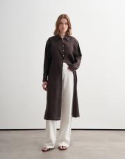 %100 keten biritli gömlek elbise kahverengi 3