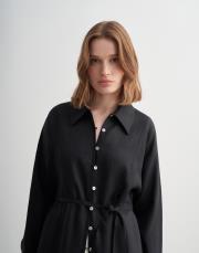 %100 keten biritli gömlek elbise siyah 4