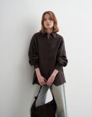 %100 keten manşet detaylı gömlek kahverengi 4