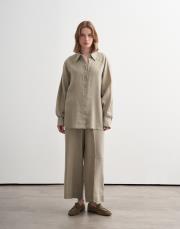 %100 keten manşet detaylı gömlek yeşil bej