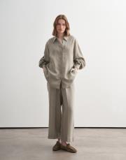 %100 keten manşet detaylı gömlek yeşil bej 2