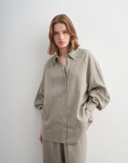 %100 keten manşet detaylı gömlek yeşil bej 5