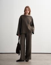 %100 keten kesik detaylı gömlek haki