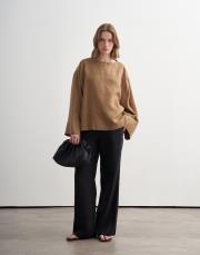 %100 keten kesik detaylı gömlek camel