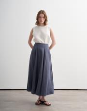 %100 keten parçalı etek koyu mavi