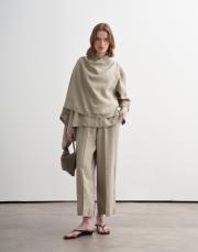 %100 keten şal detaylı gömlek yeşil bej