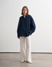 %100 keten manşet detaylı gömlek lacivert