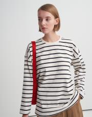 %100 pamuk çizgili basic sweatshirt ekru